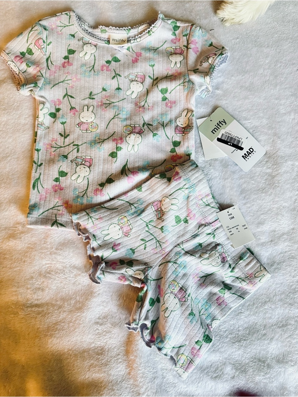 miffy White Ribbed Floral Top & Shorts Set with Pink and Green Accents